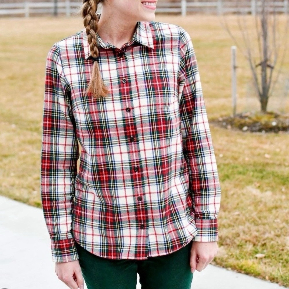 LL Bean Red White Scotch Plaid FlannelButton Up Shirt Size MEDIUM